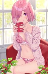 Rule 34 | 1girl, alternate costume, artist name, blush, bow, bow panties, bra, breasts, cardigan, cleavage, closed mouth, coffee mug, collarbone, commentary request, couch, cup, day, eyes visible through hair, fate/grand order, fate (series), frilled bra, frilled panties, frills, hair over one eye, highres, holding, holding cup, indoors, kuroki (ma-na-tu), leaf, long sleeves, looking at viewer, mash kyrielight, mug, navel, on couch, open cardigan, open clothes, panties, pillow, pink bra, pink cardigan, pink hair, pink panties, plaid, plaid bra, plaid panties, purple eyes, short hair, sitting, small breasts, smile, solo, steam, stomach, underwear, window
