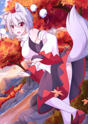 Rule 34 | 1girl, animal ears, autumn leaves, bare shoulders, breasts, clothes lift, detached sleeves, geta, hat, highres, inubashiri momiji, large breasts, leaf, looking at viewer, looking back, nugi (armenci), open mouth, panties, pom pom (clothes), red eyes, short hair, silver hair, skirt, skirt lift, solo, tail, tokin hat, torii, touhou, underwear, white panties, wide sleeves, wolf ears, wolf tail