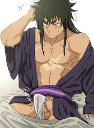 Rule 34 | 10s, 1boy, ^^^, abs, arm behind head, bulge, erection, erection under clothes, fundoshi, hair down, japanese clothes, kuromukuro, looking down, male focus, male underwear, messy hair, muscular, nipples, ouma kennosuke tokisada, pectorals, penis, penis peek, scar, simple background, solo, sugo6969, sweatdrop, tan, testicles, thick eyebrows, under covers, underwear, white background, white male underwear