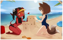 Rule 34 | 2018, 2girls, animal ears, artist name, bad id, bad pixiv id, bare shoulders, barefoot, beach, black hair, blue one-piece swimsuit, blue sky, blunt bangs, body freckles, border, borrowed character, breasts, brown hair, bucket, child, colored skin, commentary, day, demon girl, demon tail, english commentary, flag, fox ears, fox girl, fox tail, freckles, hair ornament, highres, horizon, horns, innertube, kneeling, long hair, meruccubus (merunyaa), merunyaa, mole, mole under eye, multiple girls, multiple tails, one-piece swimsuit, oni horns, orange eyes, original, outdoors, palm tree, patreon username, pixiv username, pointy ears, purple eyes, red skin, sand, sand castle, sand sculpture, short hair, signature, skull hair ornament, sky, small breasts, smile, sun, swim ring, swimsuit, tail, tree, trowel, twintails, two tails, visor cap, water, watermark, white border, yuhi (merunyaa)