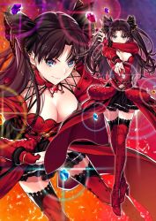 Rule 34 | 1girl, black hair, black skirt, blue eyes, blush, boots, bracelet, breasts, cleavage, closed mouth, dress, earrings, fate/grand order, fate/stay night, fate (series), gem, hair ribbon, high heel boots, high heels, jewelry, long hair, long sleeves, looking at viewer, medium breasts, multiple views, parted bangs, red dress, red footwear, ribbon, skirt, smile, sparkle, thigh boots, thighhighs, thighs, tohsaka rin, tohsaka rin (formalcraft), two side up, yaoshi jun