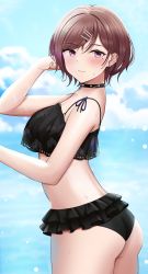 Rule 34 | 1girl, absurdres, arm up, ass, bare shoulders, bikini, black bikini, black choker, blue sky, blush, breasts, brown hair, choker, closed mouth, cloud, cowboy shot, day, earrings, from behind, hair ornament, hairclip, highres, higuchi madoka, idolmaster, idolmaster shiny colors, jewelry, looking at viewer, looking back, medium breasts, mole, mole under eye, outdoors, short hair, sky, smile, solo, spiked choker, spikes, swimsuit, tio (005)