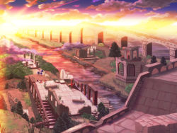 Rule 34 | bad id, bad pixiv id, cloud, commentary request, highres, hizukiryou, in-universe location, monster, no humans, purple sky, ragnarok online, river, ruins, scenery, skeggiold, sky, sun, sunset, tree, water