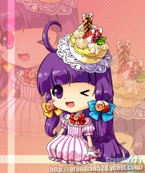 Rule 34 | &gt; &lt;, 1girl, ahoge, bad id, bad pixiv id, bow, cake, chibi, dress, earrings, closed eyes, food, food as clothes, food on head, food-themed clothes, frills, fruit, gloves, grandia bing, jewelry, long hair, object on head, one eye closed, open mouth, pastry, patchouli knowledge, purple eyes, purple hair, smile, solo, strawberry, touhou, wink, zoom layer