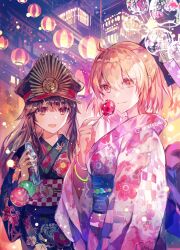 2girls ahoge alternate_costume black_bow black_hair black_kimono bow breasts candy_apple crest family_crest fate/grand_order fate_(series) floral_print food hair_between_eyes hair_bow half_updo hat highres holding japanese_clothes kimono long_hair long_sleeves looking_at_viewer military_hat multiple_girls obi oda_nobunaga_(fate) oda_nobunaga_(koha-ace) oda_uri okita_souji_(fate) okita_souji_(koha-ace) open_mouth peaked_cap pink_kimono red_eyes rioka_(southern_blue_sky) sash shako_cap short_hair smile yellow_eyes