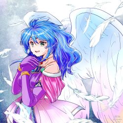 Rule 34 | 1girl, angel wings, blue hair, breasts, breath of fire, breath of fire ii, crying, crying with eyes open, dress, feathered wings, gloves, jewelry, long hair, looking at viewer, mina wyndia, necklace, open mouth, solo, tears, white wings, wings