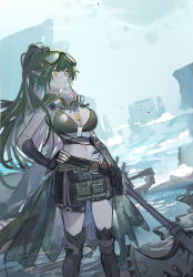 Rule 34 | 1girl, arknights, axe, bare shoulders, black gloves, breasts, commentary, crop top, echj, feet out of frame, gavial (arknights), gavial the invincible (arknights), gloves, goggles, goggles on head, green hair, highres, large breasts, long hair, mask, mask around neck, midriff, navel, pointy ears, ponytail, solo, standing, stomach, very long hair, weapon, yellow eyes