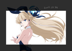 Rule 34 | 1girl, animal ears, backless leotard, bare back, bare shoulders, blonde hair, blue archive, blue eyes, breasts, detached collar, earrings, fake animal ears, fake tail, floating hair, halo, headset, highres, jewelry, leotard, long hair, papiyon1297, parted lips, playboy bunny, rabbit ears, rabbit tail, small breasts, solo, stud earrings, tail, toki (blue archive), toki (bunny) (blue archive), upper body, v