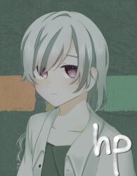 Rule 34 | 1girl, black shirt, braid, braided ponytail, closed mouth, coat, collarbone, commentary request, expressionless, green background, grey hair, hazuki (misosima 3341), hp (utau), long hair, looking at viewer, open clothes, open coat, purple eyes, sekka yufu, shirt, solo, song name, square, swept bangs, text background, translation request, upper body, utau, white coat, winter clothes, winter coat