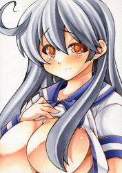 Rule 34 | 10s, 1girl, ahoge, black hair, blush, breasts, clothes lift, embarrassed, hair censor, hair over breasts, kantai collection, large breasts, long hair, looking at viewer, marker (medium), millipen (medium), no bra, orange eyes, out-of-frame censoring, school uniform, serafuku, shirt lift, simple background, slit pupils, solo, tears, traditional media, uneven eyes, ushio (kancolle), white background, yutakasan-love