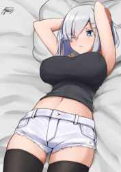 Rule 34 | 1girl, alternate costume, ayuman, black tank top, black thighhighs, blue eyes, breasts, hair ornament, hair over one eye, hairclip, hamakaze (kancolle), kantai collection, large breasts, lying, navel, on back, short hair, short shorts, shorts, silver hair, tank top, thighhighs, white shorts