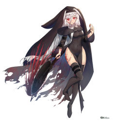 Rule 34 | 1girl, absurdres, arknights, artist name, bare hips, black dress, black footwear, black nails, blood, blood on clothes, blood on face, boots, breasts, circular saw, covered navel, dress, full body, habit, hair between eyes, highres, holding, holding weapon, long hair, long sleeves, looking at viewer, medium breasts, nail polish, nun, parted lips, pelvic curtain, red eyes, saw, silver hair, smile, solo, specter (arknights), thigh boots, thigh strap, thighhighs, thighs, vchan, very long hair, weapon