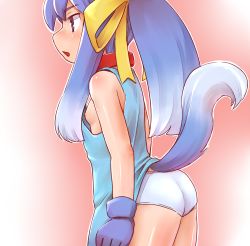 Rule 34 | 1girl, animal ears, arched back, ass, back, blue eyes, blue gloves, blue hair, bow, breasts, chestnut mouth, clothes lift, collar, cowboy shot, dog ears, dog girl, dog tail, dress, dress lift, female focus, flat ass, from side, gloves, gradient hair, hair bow, hinokara (backfire02), inu-t, long hair, matching hair/eyes, microsoft windows, multicolored hair, nipples, no bra, no pants, nt-tan, open mouth, os-tan, panties, ponytail, ribbon, sideboob, sideways mouth, sleeveless, sleeveless dress, small breasts, solo, tail, underwear, white panties