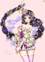 Rule 34 | 10s, 1girl, :d, absurdly long hair, bad id, bad pixiv id, bare shoulders, blue eyes, blush, braid, breasts, center frills, cleavage, cowboy shot, crown, floating hair, floral print, flower, frilled shorts, frills, gambe, hair flower, hair ornament, highres, large breasts, leaf, long hair, looking at viewer, love live!, love live! school idol festival, love live! school idol project, nail polish, off shoulder, open mouth, own hands together, pink background, pink flower, plant, puffy sleeves, purple hair, purple legwear, purple nails, shorts, signature, silhouette, single braid, skindentation, sleeves past elbows, smile, solo, swept bangs, thigh gap, tojo nozomi, twintails, v arms, very long hair, vines, white shorts