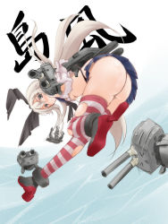 Rule 34 | 10s, 1girl, anchor, anchor hair ornament, ass, blonde hair, blush, breasts, elbow gloves, gloves, hair ornament, hairband, highres, kantai collection, leaning forward, long hair, looking at viewer, looking back, open mouth, panties, pantyshot, patterned legwear, personification, red stripes, rensouhou-chan, shimakaze (kancolle), skirt, small breasts, solo, striped clothes, striped thighhighs, thighhighs, tsukineko, two-tone stripes, underboob, underwear, upskirt, white stripes