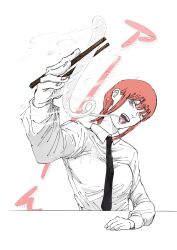 Rule 34 | 1girl, absurdres, black necktie, chainsaw man, chopsticks, eating, food, head tilt, highres, holding, holding chopsticks, long hair, makima (chainsaw man), necktie, noodles, open mouth, pink nails, red hair, ringed eyes, senaka look, shirt, sidelocks, smile, table, teeth, tongue, tongue out, upper teeth only, white shirt, yellow eyes