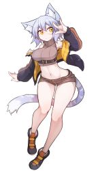 Rule 34 | 1girl, animal ears, bare shoulders, blue hair, blush, breasts, cat ears, cat tail, full body, fur trim, groin, highres, large breasts, looking at viewer, navel, orange eyes, original, pantyhose, ryota tentei, scar, short hair, short shorts, shorts, simple background, smile, solo, tail, tora tentei, white background, yellow eyes