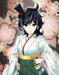 Rule 34 | 10s, 1girl, ahoge, anchor, black hair, blue eyes, boots, floral background, furisode, green skirt, hakama, hakama skirt, hands on own hips, hat, japanese clothes, kantai collection, kimono, knee boots, looking at viewer, matsukaze (kancolle), meiji schoolgirl uniform, mini hat, mini top hat, short hair, skirt, smile, solo, swept bangs, tk8d32, top hat, wavy hair