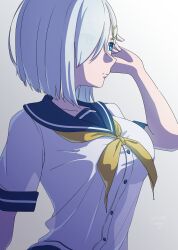 Rule 34 | 1girl, absurdres, anya (anyapoiiii), blue eyes, blue sailor collar, breasts, gradient background, grey background, hair ornament, hair over one eye, hairclip, hamakaze (kancolle), highres, kantai collection, large breasts, neckerchief, one-hour drawing challenge, sailor collar, school uniform, serafuku, short hair, short sleeves, solo, white background, white hair, yellow neckerchief
