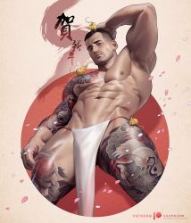 Rule 34 | 1boy, 2020, abs, animal, arm tattoo, bara, black hair, chinese zodiac, hand on own head, large pectorals, leg tattoo, loincloth, male focus, mouse (animal), muscular, muscular male, navel, nipples, original, pectorals, short hair, silverjow, solo, tattoo, thick thighs, thighs, translation request, year of the rat