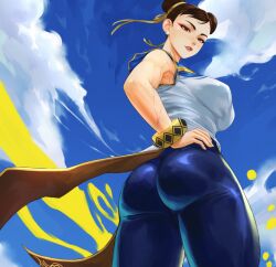 Rule 34 | 1girl, armpits, artist name, ass, blue pants, bracelet, breasts, brown eyes, brown hair, capcom, chun-li, double bun, earrings, eyeliner, from behind, gabriel carrasquillo, gold trim, hair bun, hair ribbon, hand on own hip, huge ass, jewelry, large breasts, lipgloss, looking at viewer, pants, parted lips, red eyeliner, ribbon, shirt, short hair, sky, solo, street fighter, street fighter 6, swept bangs, thick thighs, thighs, tight clothes, tight pants, toned, twisted torso, white shirt, wide hips, yellow ribbon