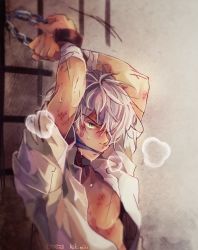Rule 34 | 1boy, chain, gloves, hair over one eye, jewelry, kik miii, long hair, male focus, octopath traveler, octopath traveler i, pectorals, short hair, simple background, smile, solo, therion (octopath traveler), white hair