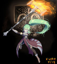 Rule 34 | &gt;:), 1girl, absurdres, arm guards, armor, axe, belt, black gloves, boots, brown footwear, closed mouth, destiny (game), full body, fur trim, gauntlets, gloves, glowing, glowing weapon, green eyes, green hair, highres, holding, holding weapon, huge weapon, knee boots, kuroda kuwa, leg up, loincloth, long hair, looking at viewer, matching hair/eyes, original, outstretched arm, pocket, ponytail, shoulder pads, sidelocks, smile, solo, v-shaped eyebrows, very long hair, warlock (destiny), weapon