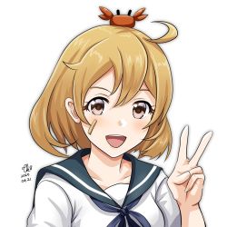 Rule 34 | 1girl, 1other, animal, animal on head, bandaid, bandaid on face, blue neckerchief, blue sailor collar, brown eyes, brown hair, commentary request, crab on head, dated, kantai collection, looking at viewer, neckerchief, oboro (kancolle), on head, one-hour drawing challenge, open mouth, sailor collar, school uniform, serafuku, short hair, signature, simple background, smile, teeth, tk8d32, upper body, upper teeth only, v, white background