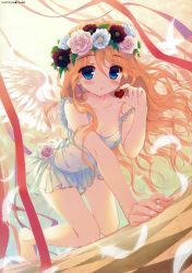 Rule 34 | 1girl, absurdres, all fours, angel wings, bare shoulders, barefoot, blue eyes, blush, breasts, cleavage, collarbone, copyright request, dengeki moeou, dress, feathers, fingernails, flower, foreshortening, hair flower, hair ornament, head wreath, heart, highres, huge filesize, long hair, navel, off shoulder, orange hair, parted lips, ribbon, santa matsuri, scan, see-through, see-through silhouette, small breasts, solo, wings