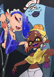 Rule 34 | + +, 1boy, 2girls, :3, absurdres, arm up, armpits, asymmetrical bangs, asymmetrical hair, azuuart, bare shoulders, big man (splatoon), black background, black leggings, blonde hair, blue hair, blue shawl, blush, breasts, closed eyes, collarbone, crop top, dark-skinned female, dark skin, earrings, eyeliner, fangs, female focus, forehead, frye (splatoon), gradient hair, hachimaki, hair over one eye, hair tie, half-closed eyes, hand up, happy, hat, headband, highres, inkling, jewelry, leggings, light blush, looking at another, looking at viewer, makeup, manta ray, midriff, multicolored hair, multiple earrings, multiple girls, navel, nejiri hachimaki, nintendo, object on head, octoling, one eye covered, open mouth, outstretched arm, pants, pointy ears, purple hair, red eyeliner, red eyes, sarashi, see-through, shawl, shiny clothes, shirt, shiver (splatoon), short hair, simple background, sketch, sleeveless, sleeveless shirt, small breasts, smile, splatoon (series), splatoon 3, stomach, teeth, tentacle hair, tentacles, two-tone hair, white headwear, white pants, yellow eyes, yellow shawl, yellow shirt