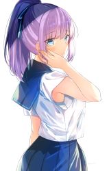 Rule 34 | 1girl, arm at side, blue eyes, blue sailor collar, blue skirt, bra, bra visible through clothes, closed mouth, from side, hair ribbon, hand on own cheek, hand on own face, hand up, highres, long hair, looking at viewer, original, ponytail, purple hair, ribbon, sailor collar, school uniform, see-through, serafuku, shirt, short sleeves, sidelocks, simple background, skirt, solo, striped ribbon, underwear, white background, white shirt, yu yu