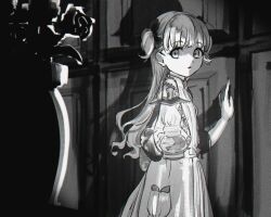 Rule 34 | 1girl, apron, bow, commentary request, cowboy shot, dress, emilico (shadows house), flower, funabara (sksn herb), greyscale, hair bow, highres, holding, holding lantern, indoors, lantern, living doll uniform, long hair, looking at viewer, monochrome, open mouth, shadows house, solo, standing, two side up, vase