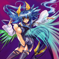 Rule 34 | 1girl, arc system works, blue hair, breasts, cleavage, dizzy (guilty gear), dress, female focus, gradient background, guilty gear, paul t, red eyes, solo, tail