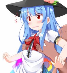 Rule 34 | ^^^, 1boy, 1girl, blue hair, blush, grabbing another&#039;s breast, faceless, faceless male, fang, flat chest, flat chest grab, grabbing, hat, hetero, hinanawi tenshi, long hair, nikku (ra), red eyes, skirt, solo focus, surprised, touhou, upper body, wide-eyed