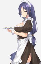 Rule 34 | 1girl, absurdres, alternate costume, apron, black dress, blush, breasts, cleavage, closed mouth, dress, enmaided, fate/grand order, fate (series), highres, holding, holding tray, large breasts, long hair, looking at viewer, low-tied long hair, maid, maid headdress, minamoto no raikou (fate), parted bangs, puffy short sleeves, puffy sleeves, purple eyes, purple hair, saint quartz fragment, short sleeves, smile, solo, suiroh (shideoukami), thighhighs, tray, very long hair, waist apron, white apron, white thighhighs, wrist cuffs