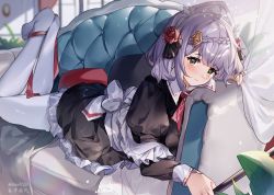 Rule 34 | 1girl, apron, black dress, blush, closed mouth, couch, dress, feet up, frilled dress, frills, genshin impact, green eyes, grey hair, guzangnanfeng, hair ornament, highres, indoors, long sleeves, looking at viewer, lying, maid apron, maid headdress, noelle (genshin impact), noelle (kfc) (genshin impact), on couch, on stomach, pantyhose, short hair, smile, solo, twitter username, white pantyhose