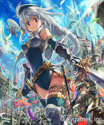 Rule 34 | 1girl, absurdres, armor, armored boots, black leotard, blue gloves, blue sky, blue thighhighs, boobplate, boots, braid, breastplate, cloud, day, dual wielding, earrings, elbow gloves, floating hair, from below, gauntlets, gloves, highres, holding, holding sword, holding weapon, jewelry, leotard, long hair, looking at viewer, outdoors, ponzu (catponz), red eyes, shingeki no bahamut, silver hair, sky, smile, solo focus, sword, thigh strap, thighhighs, very long hair, weapon