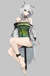 Rule 34 | 1girl, alternate breast size, animal ears, anklet, arknights, bare legs, bare shoulders, black collar, breasts, cat ears, cat girl, cleavage, coat, collar, criss-cross halter, dress, feet, full body, green nails, grey background, grey hair, halterneck, highres, jewelry, kal&#039;tsit (arknights), large breasts, legs, looking at viewer, material growth, nail polish, no shoes, nuggetkouhai, off-shoulder coat, off-shoulder dress, off shoulder, oripathy lesion (arknights), ring, short hair, simple background, sitting, solo, stethoscope, stool, thighs, toenail polish, toenails, white coat