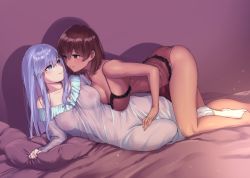 Rule 34 | 2girls, alexandra (suzuame yatsumi), aonaga heri, bare shoulders, blue eyes, blush, breasts, brown hair, cleavage, collarbone, commission, commissioner upload, hair between eyes, highres, large breasts, light purple hair, lingerie, long hair, looking at another, multiple girls, negligee, nipples, on bed, original, pajamas, red eyes, see-through, shalifa (suzuame yatsumi), short hair, sidelocks, skeb commission, smile, thighs, underwear, yuri