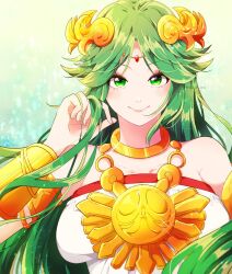 Rule 34 | 1girl, bare shoulders, breasts, chain, forehead jewel, gold chain, green eyes, green hair, twirling hair, highres, indisk irio, jewelry, kid icarus, large breasts, laurel crown, long hair, neck ring, nintendo, palutena, parted bangs, smile, solo, vambraces