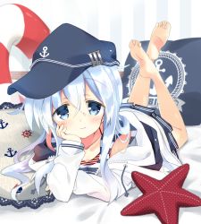 Rule 34 | 1girl, anchor symbol, bad id, bad pixiv id, barefoot, bed, black hat, black skirt, blue eyes, commentary request, drawstring, flat cap, full body, hand on own face, hat, hibiki (kancolle), highres, hizuki yayoi, hood, hooded jacket, hoodie, jacket, kantai collection, lifebuoy, long hair, looking at viewer, lying, on stomach, pillow, pleated skirt, print pillow, silver hair, skirt, smile, soles, solo, starfish, striped, striped background, swim ring, the pose, white jacket