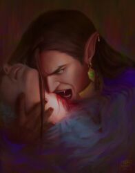Rule 34 | 1boy, biting, blood, blood from mouth, brown hair, castlevania (series), castlevania: nocturne, dark-skinned male, dark skin, earrings, fangs, green eyes, high collar, highres, jewelry, long hair, looking at viewer, male focus, mellarkboxers, neck biting, olrox, open mouth, pointy ears, single earring, solo focus, vampire