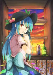 Rule 34 | 1girl, blue bow, blue hair, bottle, bow, cowboy shot, dress, fingers to mouth, food, from behind, fruit, fuussu (21-kazin), hat, head tilt, highres, hinanawi tenshi, indoors, layered dress, leaf, long hair, looking at viewer, looking back, own hands together, peach, puffy short sleeves, puffy sleeves, red eyes, red sky, shelf, short sleeves, sky, solo, sunset, touhou, window