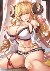 Rule 34 | 1girl, ahoge, anila (granblue fantasy), anila (summer) (granblue fantasy), bare shoulders, belly chain, bikini, blonde hair, blush, breasts, cleavage, collarbone, detached sleeves, draph, granblue fantasy, highres, himuro shunsuke, horns, jewelry, large breasts, long hair, looking at viewer, open mouth, sheep horns, short eyebrows, sitting, smile, swimsuit, thighs, very long hair, wariza, white bikini, wide sleeves, yellow eyes