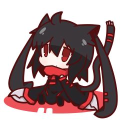 Rule 34 | 1girl, ahoge, animal ears, black hair, cat ears, cat tail, claws, highres, long hair, nuu (nu-nyu), original, red eyes, sitting, solo, tail, thighhighs, twintails
