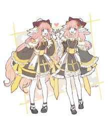 Rule 34 | 2girls, animal ear headwear, animal ears, arch bishop (ragnarok online), black dress, black footwear, blue eyes, blush, bow, breasts, cleavage cutout, clothing cutout, commentary request, cross, dress, dress bow, dual persona, fake animal ears, frilled dress, frilled sleeves, frills, full body, heart, high five, long hair, looking at another, multiple girls, official alternate costume, open mouth, pelvic curtain, petticoat, pink hair, rabbit ears, ragnarok online, sash, shoes, sitting, small breasts, smile, thighhighs, tokio (okt0w0), two-tone dress, very long hair, white dress, white thighhighs, yellow bow, yellow sash