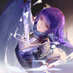 Rule 34 | 1girl, blunt bangs, braid, breasts, cleavage, electricity, genshin impact, half-closed eyes, highres, holding, holding sword, holding weapon, japanese clothes, kimono, large breasts, long hair, maoao, mole, mole under eye, parted lips, pulling, purple eyes, purple hair, raiden shogun, solo, sword, sword between breasts, upper body, weapon, wide sleeves