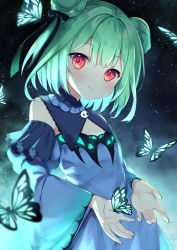 Rule 34 | 1girl, \||/, absurdres, bare shoulders, black ribbon, blue dress, bug, butterfly, closed mouth, commentary request, detached collar, detached sleeves, double bun, dress, flat chest, glowing, green hair, hair between eyes, hair bun, hair ribbon, highres, hololive, insect, long sleeves, looking at viewer, medium hair, okiq, outdoors, outstretched hand, red eyes, ribbon, sky, smile, solo, sparkle, star (sky), starry sky, upper body, uruha rushia, uruha rushia (1st costume), virtual youtuber, wide sleeves