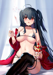 Rule 34 | 1girl, absurdres, ahoge, azur lane, bare shoulders, bed sheet, bikini, black bikini, black hair, black thighhighs, blurry, breasts, choker, cleavage, coat, collarbone, commentary request, crossed legs, cup, curtains, depth of field, eyes visible through hair, eyewear on head, feeding, glass, glasses, groin, highres, holding, holding cup, holding spoon, incoming food, large breasts, long hair, looking at viewer, micro bikini, midriff, navel, off-shoulder coat, off shoulder, official alternate costume, parfait, parted lips, race queen, reaching, reaching towards viewer, red coat, red eyes, sidelocks, solo, spoon, swimsuit, taihou (azur lane), taihou (enraptured companion) (azur lane), thighhighs, two side up, wind, wind chime, window, youmi kong xiang