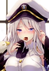 Rule 34 | 1girl, animal, azur lane, badge, bald eagle, bird, black coat, black necktie, blurry, blurry background, blush, breasts, buttons, candy, chocolate, chocolate heart, coat, collared shirt, eagle, enterprise (azur lane), food, hat, heart, holding, kabocha usagi, large breasts, long hair, long sleeves, looking at viewer, military, military hat, military uniform, mouth hold, necktie, nose blush, off shoulder, purple eyes, shirt, sidelocks, signature, silver hair, sleeveless, sleeveless shirt, solo, uniform, upper body, valentine, white shirt, window, wing collar